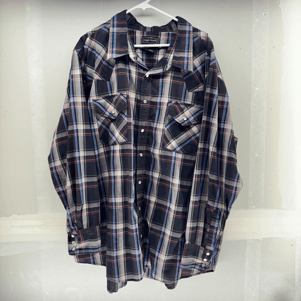 High Noon 3XL Mens Black Red Plaid Chambray Pearl Snap‎ Long Sleeve